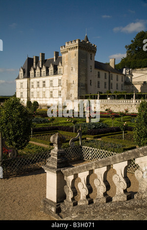 Face Ouest de Chateau Villandry, vallée de la Loire, France dans l'après-midi du soleil depuis le bas, le jardin potager (légumes). Banque D'Images