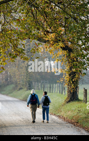 Plus Senior Couple Holding Hands tout en descendant en route de campagne bordée d'une clôture à la Cades Cove Great Smoky Mountains National Park Banque D'Images