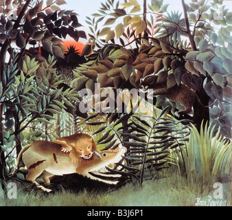 Le lion affamé se jette sur l'Antilope par Henri Rousseau 1905 Banque D'Images