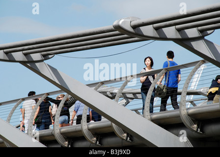 Close up de jeunes touristes japonais sur le Millennium Bridge London England Banque D'Images