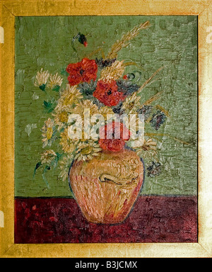 Peinture à l'huile par Vincent Van Gogh. vase avec fleurs jaune et rouge. Gold surround.  58232 Portrait van Gogh Banque D'Images