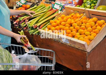Intérieur de Calcott Hall magasin de vente au détail de la ferme produit sur l'affichage femme shopper et chariot sélection libre-service de rhubarbe Brentwood Essex Angleterre Royaume-Uni Banque D'Images