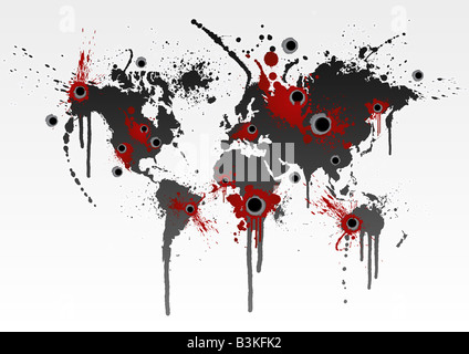 Vector illustration d'une carte du monde grunge splatter aux blessures par balle Banque D'Images