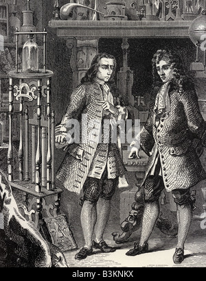 SIR ROBERT BOYLE, physicien et chimiste irlandais à droite avec le sous-Denis Papin - Voir description ci-dessous pour plus de détails Banque D'Images