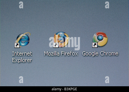 Bataille des navigateurs de bureau avec un concept d'écran Internet Explorer Mozilla Firefox et Google Chrome navigateur nouvelles icônes Banque D'Images