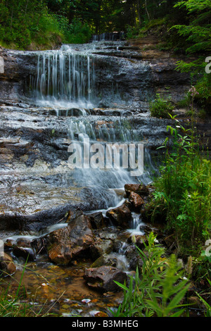 Chute d'eau de Wagner Falls sur Wagner Creek à Munising Michigan mi beau paysage forêt nature vue de dessus personne vertical aux États-Unis haute résolution Banque D'Images