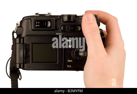 Appareil photo numérique photo dans une main isolé sur fond blanc avec écran LCD et d'arrière-plan peut être facilement édité Banque D'Images