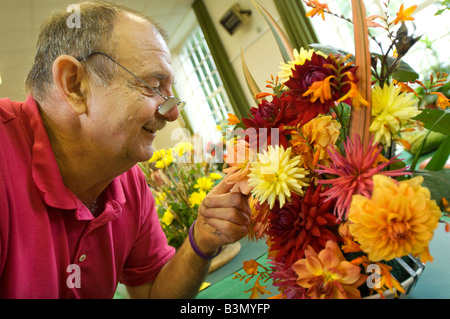 Un homme âgé bénéficiant d'une journée peu coûteux en admirant le dahlia entrées dans un village show à Cornwall. Banque D'Images