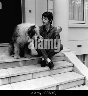 Paul McCartney chanteur avec les Beatles à son St John s maison en bois avec son animal de compagnie, Juin 1967 Banque D'Images