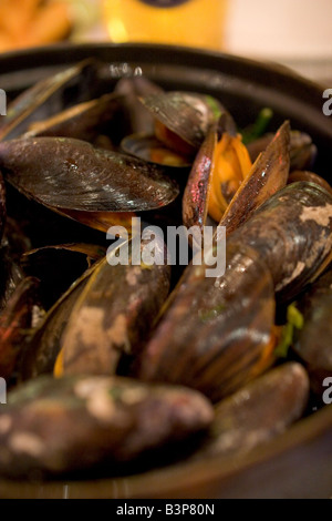 Spécialité locale de 'Moules' Frittes moules et frites dans un restaurant populaire 'Leon' à Bruxelles Belgique Banque D'Images