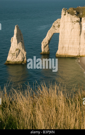 L'aiguille (l'aiguille) et Porte d'Aval, arch, Etretat, Normandie, France : salon rendu célèbre par les peintures de Claude Monet Banque D'Images