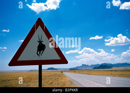 Springbok crossing sign, Namib-Naukluft National Park, Namibie, Afrique Banque D'Images