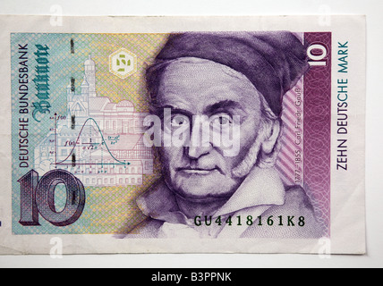 Close up d'une traditionnelle 10 Deutsche Mark allemand dix billets Banque D'Images