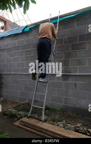 Man climbing ladder appuyé contre un mur de briques debout en équilibre précaire sur 3 planches en bois - Santé et sécurité Banque D'Images