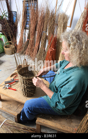 Norah Kennedy faisant des paniers traditionnels de willow dans son atelier de la vallée de Stroud, Gloucestershire Banque D'Images