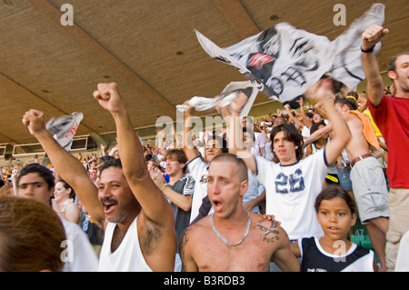 Les Brésiliens locaux cheer comme un but est marqué lors d'un match de football au stade Maracana à Rio entre Fluminense et Vasco. Banque D'Images