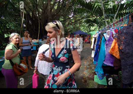 Jour de marché occupé sur les chars d'un centre culturel dans la forêt tropicale dans la région de Edge Hill, au nord de Cairns, Queensland, Australie Pas MR ou PR Banque D'Images