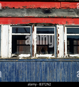 Détail du pelage rouge blanc et bleu de la PEINTURE SUR UNE VIEILLE VOITURE À STEAMTOWN National Historic Site, COLLECTION DE LOCOMOTIVES Banque D'Images