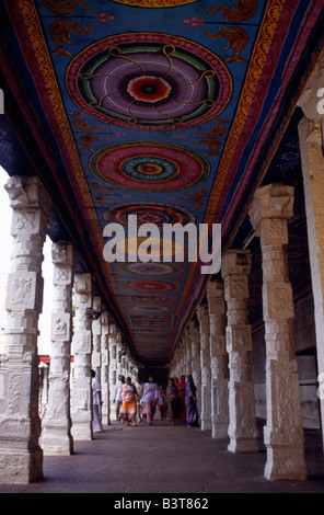 L'Inde, le Tamil Nadu, Madurai. Au temple Shri Meenakshi-Sundareshwarar, plafonds décoratifs et des piliers sculptés animent un énorme complexe de sanctuaires, réservoirs de baignade et cours intérieures à colonnade Banque D'Images