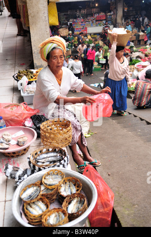 Les produits frais du marché d'Ubud , tôt le matin, la vieille dame de vendre le poisson fumé ,ubud , île de Bali , Indonésie Banque D'Images