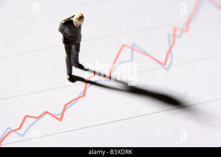 Figurine d'un businessman standing on a Line Graph Banque D'Images