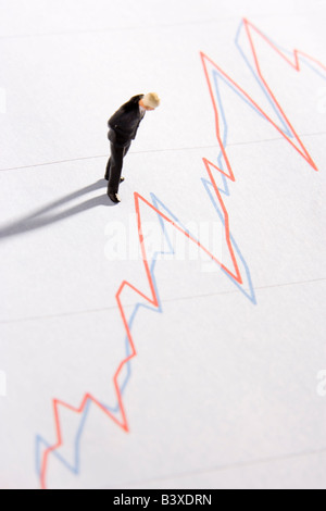 Figurine d'un businessman standing on a Line Graph Banque D'Images