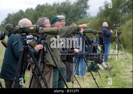 Un groupe d'twitchers armés de télescopes sur trépieds recherchez un oiseau rare près de York Yorkshire UK Banque D'Images