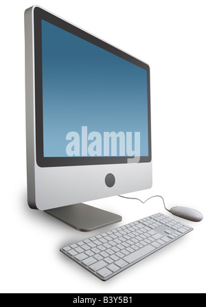 Un ordinateur à écran plat moderne avec un écran bleu blanc c'est un silo avec deux chemins inclus - l'écran et tout Banque D'Images