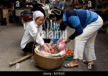 Une femme achète quelques tomates à partir d'un panier de l'épaule blocage à Hanoi Vietnam pôle Banque D'Images