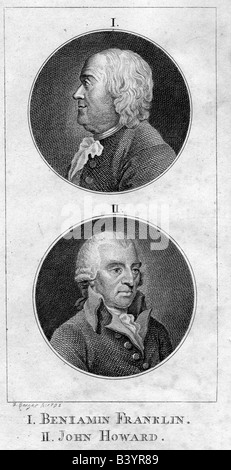 Franklin, Benjamin, 17.1.1706 - 17.4.1790, American chercheur en sciences naturelles et politicien, ci-dessous : John Howard, 2.9.1726 - 20.1.1790, prison, réformateur anglais gravure de P. Berger, 1792, 18e siècle, l'illumination, de l'artiste , Copyright n'a pas à être effacée Banque D'Images
