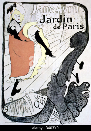 Beaux-arts - Toulouse-Lautrec, Henri de (1864 - 1901), l'affiche pour Jardin de Paris, avec la danseuse Jane Avril, 1893 19ème siècle, adv