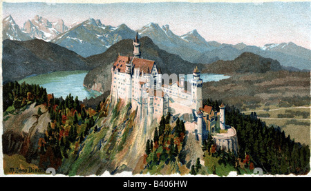 Architecture, châteaux, Allemagne, Bavière, château de Neuschwanstein et paysage, vue extérieure, 1869 - 1891, construit par Eduard Riedel et Georg Dolllmann, après peinture par Zeno Diemer, vers 1900, roi Ludwig II, Füssen, Fuessen, Fussen, Allgaeu, Alpes, montagnes, historique, carte postale, XXe siècle, 1900, Banque D'Images