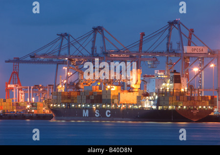 Conteneurs MSC le déchargement de nuit à Puerto de la Luz (port de la lumière) à Las Palmas de Gran Canaria dans les îles Canaries Banque D'Images