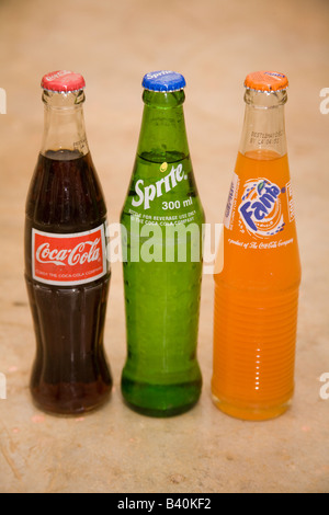 Bouteilles de boissons sans alcool Coca-cola, Sprite et Fanta, Afrique Zambie Banque D'Images