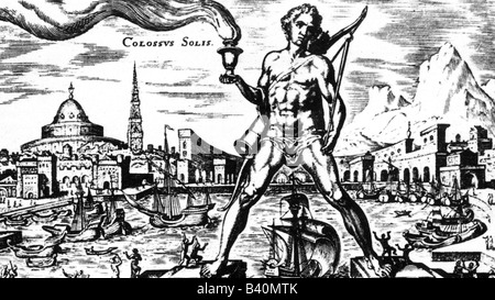 Antiquité, merveille du monde, Colossus de Rhodes, statue d'Helios, reconstruction, gravure, XIXe siècle, mythologie, Grèce, grec, historique, historique, porte, portail, entrée portuaire, Dieu du soleil, dieu du soleil, géant, l'une Des Sept merveilles du monde, monde ancien, peuple, Banque D'Images