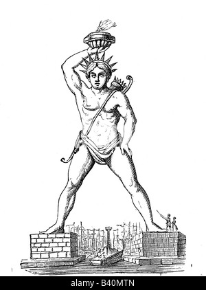 Le monde antique, émerveillement du monde, Colossus de Rhodes, statue d'Helios, reconstruction, gravure, XIXe siècle, arc et flèche, feu, Dieu du soleil, dieu du soleil, mythologie, Grèce, grec, historique, portail, entrée portuaire, porte, porte, géant, une des Sept merveilles du monde, monde ancien, peuple, Banque D'Images