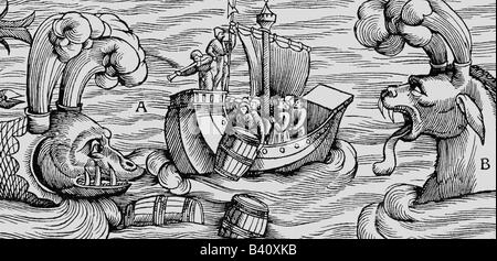 Superstition, créatures mythiques, grande pays de galles attaquant un navire, coupe de bois, 'Cosmographia' par Sebastian Muenster, 5ème édition, 1550, , Banque D'Images