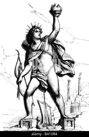 Le monde antique, émerveillement du monde, Colossus de Rhodes, statue d'Helios, reconstruction, gravure, XIXe siècle, graphique, graphique, géant, Dieu du soleil, dieu du soleil, mythologie, Grèce, grec, historique, historique, l'une des Sept Merveilles du monde, monde ancien, peuple, Banque D'Images