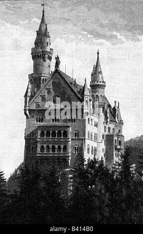 Architecture, châteaux, Allemagne, Bavière, château de Neuschwanstein, vue extérieure, construit par Eduard Riedel et Georg Dolllmann, 1869 - 1891, vue extérieure, gravure, XIXe siècle, , Banque D'Images