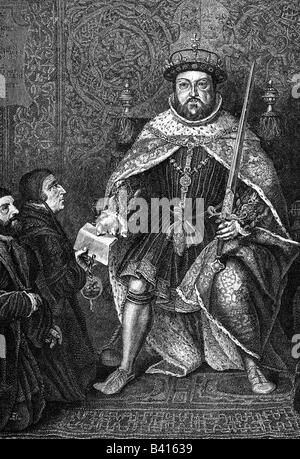 Henry VIII, 28.6.1491 - 28.1.1547, roi d'Angleterre 22.4.1509 - 28.1.1547, en présentant une charte à la Coiffure Surgeons Company, Londres, 1541, gravure sur cuivre par Bernard Baron, 1736, après la peinture de Hans Holbein le Jeune, de détail, de l'artiste , Copyright n'a pas à être effacée Banque D'Images