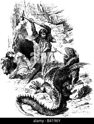 Superstition, créatures mythiques, dragons, Sintram qui claque le dragon, dessin d'Anton Hoffmann à narraeuve par Max Hauhofer, 1899, , Banque D'Images