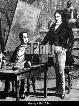 Daguerre, Louis Jacques Mande, 18.11.1789 - 10.7.1851, peintre français, inventeur, pleine longueur, avec Joseph Niephore Niepce (1765 - 1833), gravure sur bois, XIXe siècle, Banque D'Images