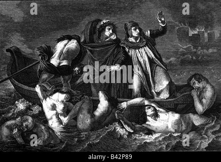 Dante, Alighieri, 1265 - 14.9.1321, poète italien, œuvres, "Divine Comedy", Dante et Virgile en enfer avec les jeunes, gravure en bois, par Eugen Delacroix, Banque D'Images