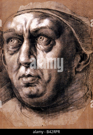 Leo X (Giovanni di Medici), 11.12.1475 - 1.12.1521, Pape 11.3.1513 - 1.12.1521, portrait, dessin au stylo de Giulio Romano (1492 - 1546), ,
