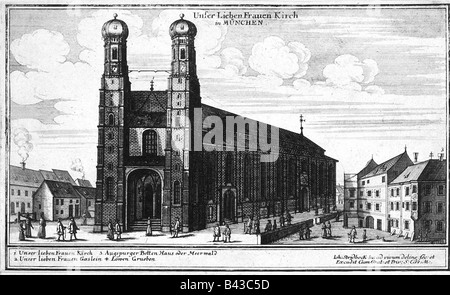 Géographie / voyages, Allemagne, Munich, églises, cathédrale Notre-Dame-de-Besse, (Frauenkirche), gravure de Johann Stridbeck, (vers 1665 - 1714), église paroissiale de Notre-Dame-de-Besse, cathédrale, tours, tour, vers 1700, Banque D'Images