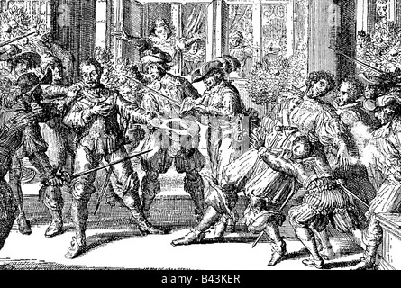 Villiers, George, 1er duc de Buckingham, 28.8.1592 - 23.8.1628, homme politique français, maître du Cheval 1616 - 1628, de la mort, assassiné par John Felton, gravure contemporaine, l'artiste a le droit d'auteur , de ne pas être effacé Banque D'Images