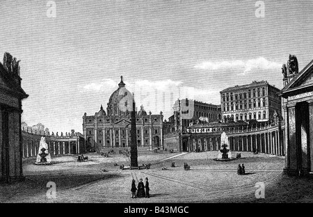 Géographie / voyage, Italie, Rome, places, place Saint Pierre, colonnades et obélisque, Palazzo Vaticano, gravure, milieu du XIXe siècle, historique, historique, Europe, papauté, architecture, Piazza San Pietro, Basilique Saint-Pierre, Pierre, Vatican, palais, patrimoine culturel mondial de l'UNESCO site / sites, gens, Banque D'Images