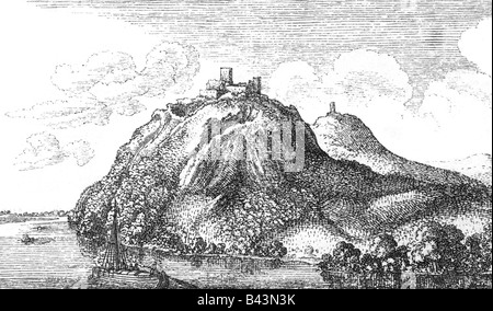 Géographie / voyages, Allemagne, châteaux, forteresse Drachenfels XVIIe siècle, construite 1147, détruite 1642, vue extérieure, gravure, après gravure par Wenzel Holar (1607 - 1677), XIXe siècle, Bonn en arrière-plan, Banque D'Images