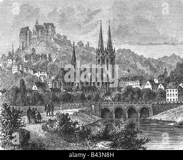 Géographie / voyage, Allemagne, Hesse, Marburg an der Lahn, vue sur la ville / paysages urbains, Sankt Elisabeth, château en arrière-plan, gravure, XIXe siècle, historique, Europe, pont, vue sur la ville, paysage urbain, église gothique la plus ancienne d'Allemagne, églises, banque d'eau, rivière Lahn, Hesse, Saint Elizabeth, peuple, Banque D'Images