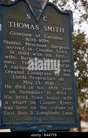 Marqueur historique à la maison de Caroline du Sud le gouverneur Charles Smith à Charleston SC Charleston Fondée en 1670 Banque D'Images